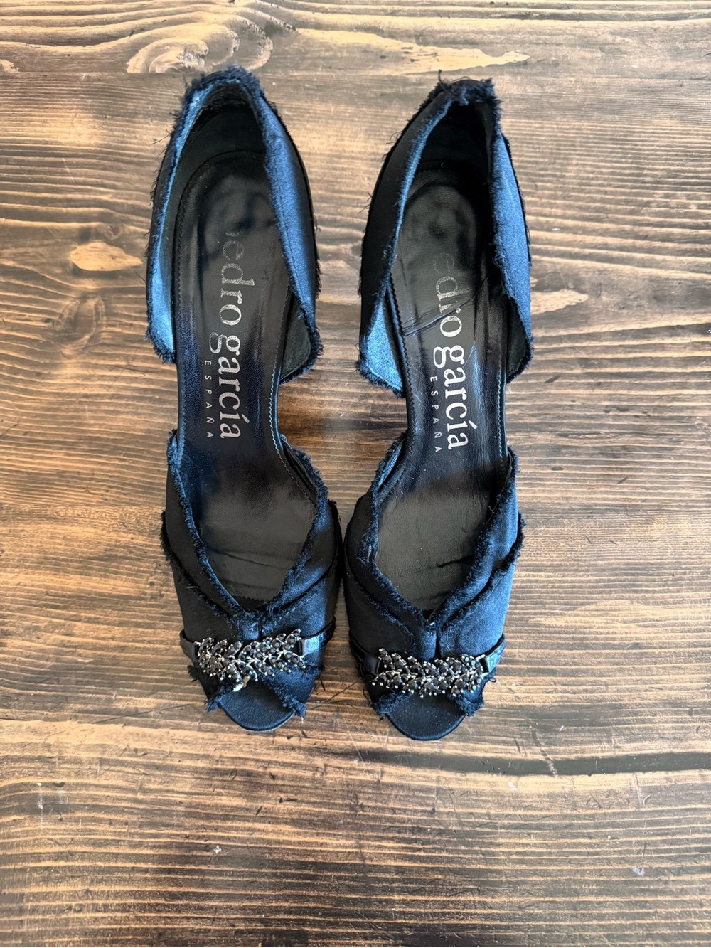 Pedro Garcia Black Satin Peep-Toe Heels with Crystal Accent